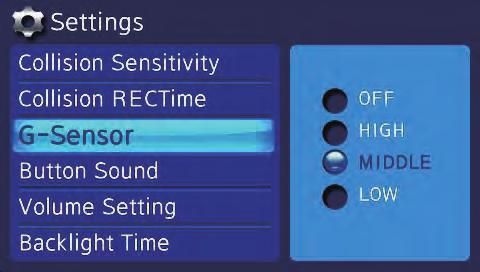 6.9 G-SENSOR Enter sub-option OFF/HIGH/IDDLE/LOW sensitivity for different environment.