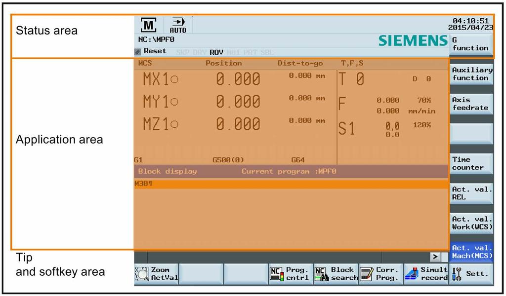 2.3 Screen layout Display of variable increments in the status area Displays the variable increment if it is defined in the standard subroutine program Value five digits: displays the complete value