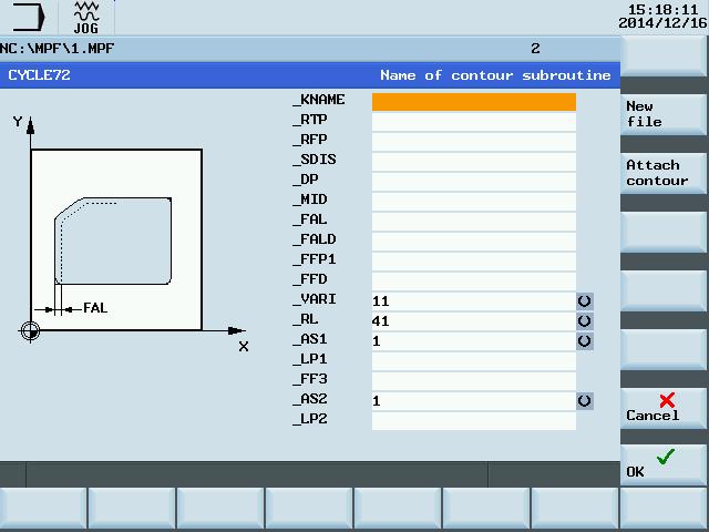 4. Press one of the following two softkeys. The program automatically jumps to the program editor screen form. If you desire to edit and store the contour in a subroutine, press this softkey.