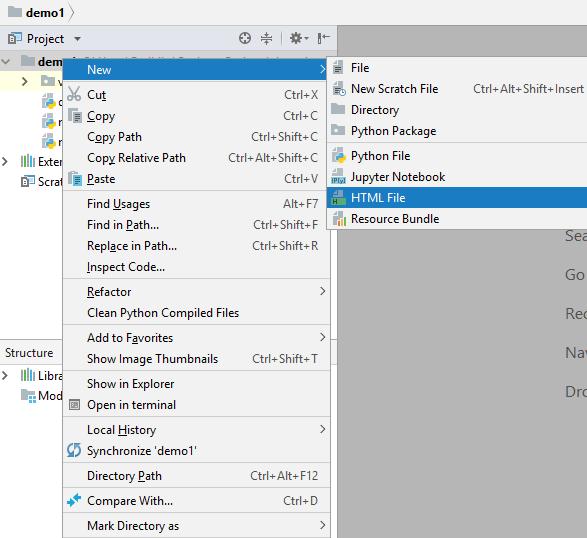 Creating HTML and CSS files PyCharm includes an inbuilt feature
