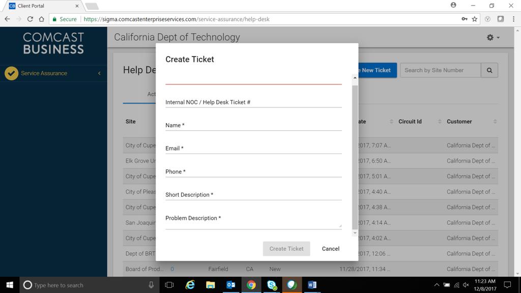 On all views, the Create New Ticket Button, and Search by Site Number are visible. Create a New Ticket Users can submit service requests through the enterprise portal.
