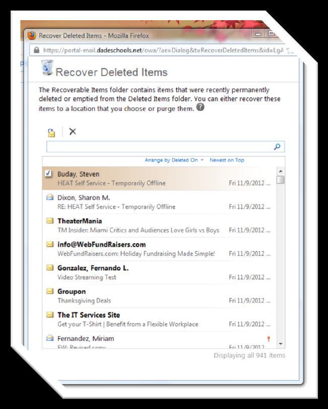 Activating this function opens a new window that allows you to select which document, or sets of documents need to be retrieved; even if the waste basket is empty.