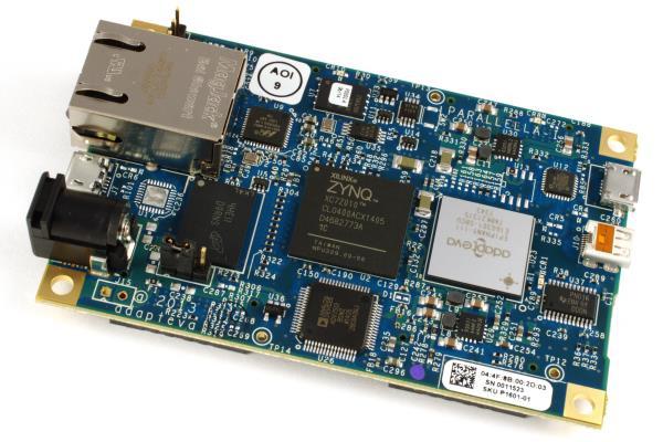 The Parallella board - Specifications Cortex A9 running Linux 1 GB DDR3 chip : 16 processors mesh (ecores) 32-bits RISC CPU 512KB distributed on-chip shared memory (32KB per CPU)