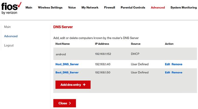 NETWORK SETTINGS To access the DNS server: 1. Select DNS Server in the Advanced page. 2. To view and add computers stored in the DNS table, click Add DNS Entry. The Add DNS Entry page displays. 3.