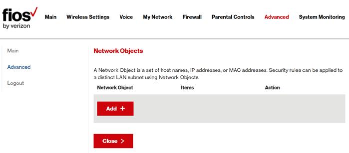 NETWORK SETTINGS 2. To define a network object, click Add.