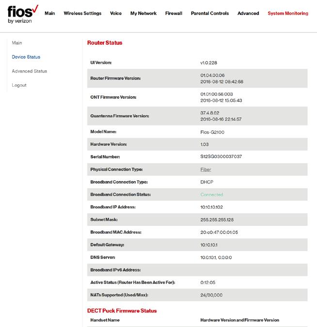 FIOS ROUTER STATUS AND ADVANCED STATUS 10.