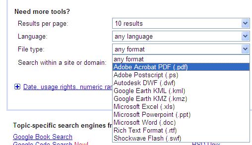 Internet Explorer 8 Basics Page 31 In the example shown we have selected only documents in Adobe Acrobat PDF format.
