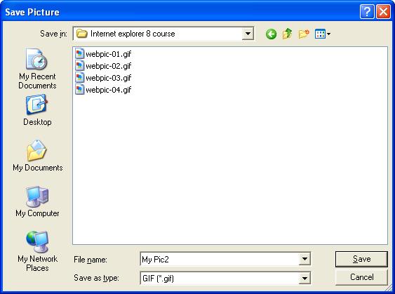 Internet Explorer 8 Basics Page 61 Click on the Save button to save the picture.