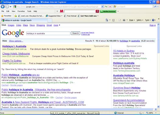 Internet Explorer 8 Basics Page 74 Clicking on any of the items found, would take you to that organization s web site.