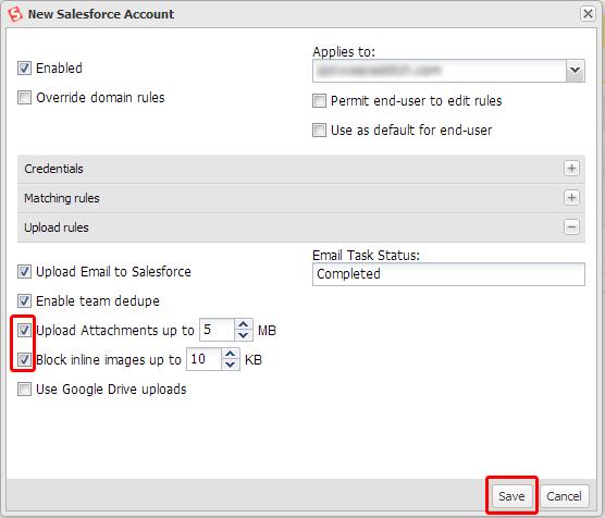 Similar to section 7.9 in the previous chapter, the Upload Attachments and Block Inline Images features can be used for the Salesforce integration applied to domain settings for team dedupe.