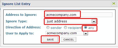 Fill in the fields per guidelines below:. For Address to Ignore: type email domain which is everything after the @ symbol. In the example jane@acmecompany.
