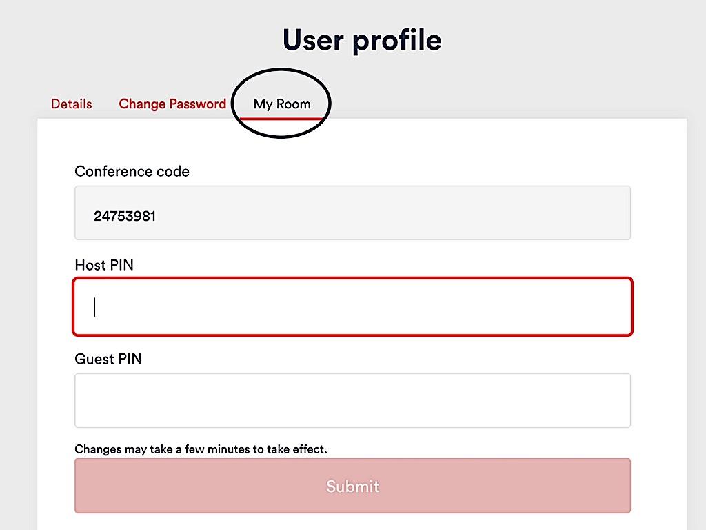 Now, under your user profile you re able to set your host PIN under the My room tab You can also create additional privacy by locking your meeting room.