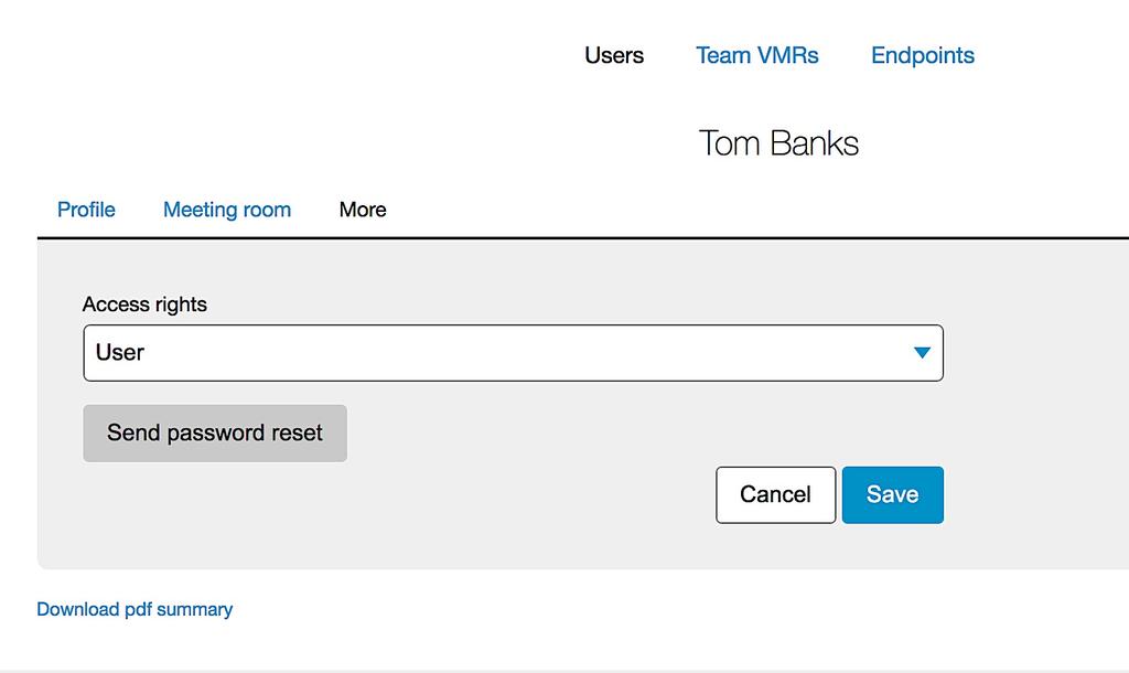 individual from the Users tab under the Subscriptions view. Under the user s profile select the Meeting room tab (figure 9) and complete the Host PIN field.