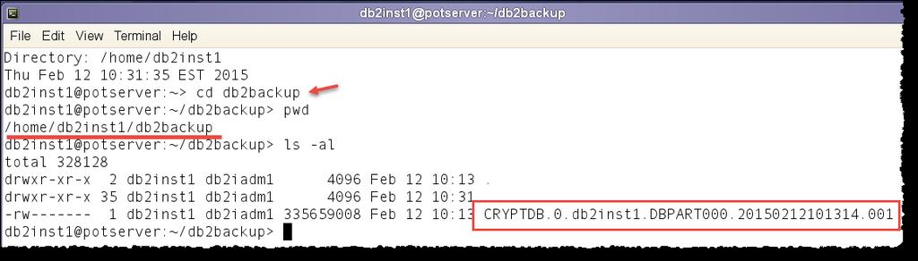 6. Open a second terminal window and change directories to the db2backup directory to find the new backup image: cd db2backup ls -al 7. Run a check of the backup to make sure it is encrypted.
