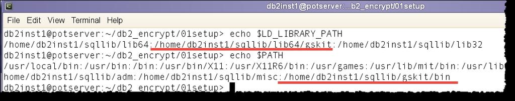 Review the default path of environment variables by typing in the following: echo $LD_LIBRARY_PATH echo $PATH Notice that the libraries for the 64-bit GSKit libraries have been created and the