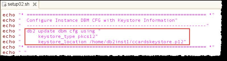 1.4 - Configure the DB2 instance with the keystore information Now we will point the DBM CFG parameters for our instance to know about the keystore: 5. Review script setup02.sh.