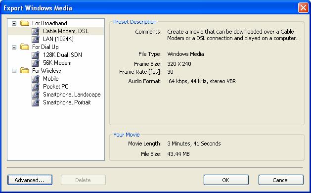 In the list on the left, expand the Multimedia Compatible folder, and select 320 x 240, MPEG2. Then click OK. Specify a file name and location, and then click Save.