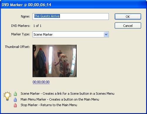 In the Timeline window, click the DVD Marker button. In the DVD Marker dialog box, type a name for the marker.