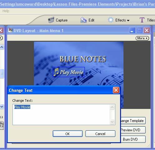 In the DVD Layout window, double-click menu items to change their text. Click Preview DVD and use the navigation controls to select each button and view each scene or video.