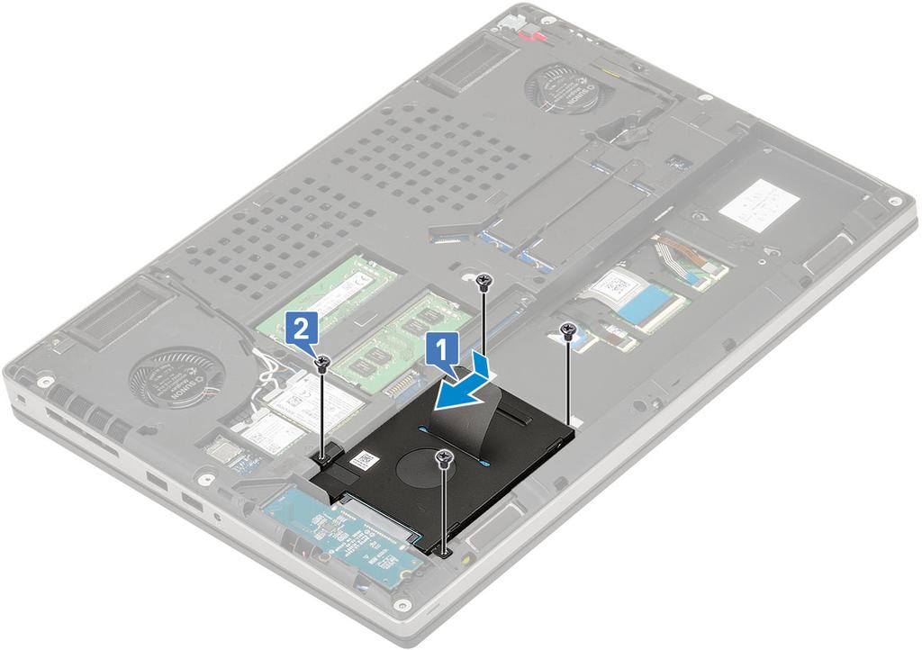 7 To install the 4-cell battery: a Place the battery onto its slot in the system [1]. b Replace the 2 (M2.5x3.