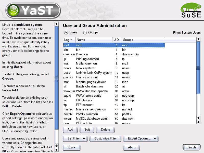 YaST user management main screen Add, edit, or delete accounts