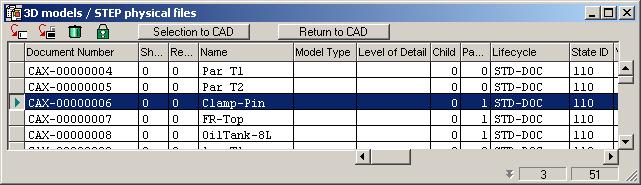 MCAD Connector for SolidEdge - Version 3.4.1.0 User Manual 2. Search for the specific model. The buttons Selection to CAD and Return to CAD are visible after selecting a component or part.