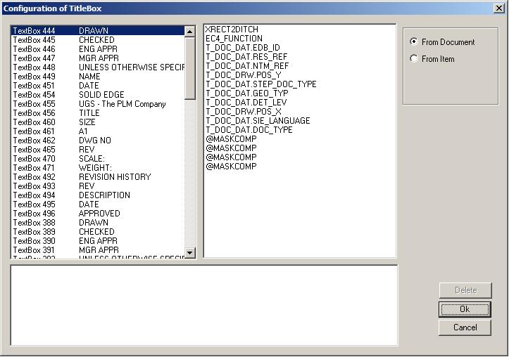 MCAD Connector for SolidEdge - Version 3.4.1.0 User Manual 2. Select from the left window the desired line (e.b. TextBox 720). 3. Select from the right window the respective PLM field name (e.g. T_DOC_DAT.