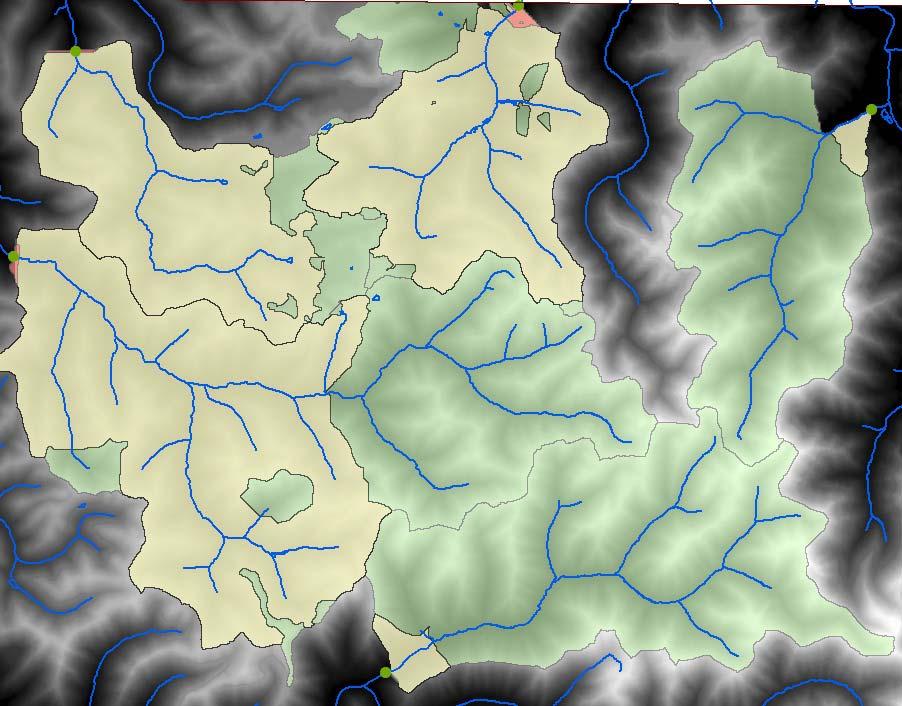 examination of the stream definition grid makes it clear that stream segments are broken and hampered by sinks. Figure 2. Three sets of watersheds.