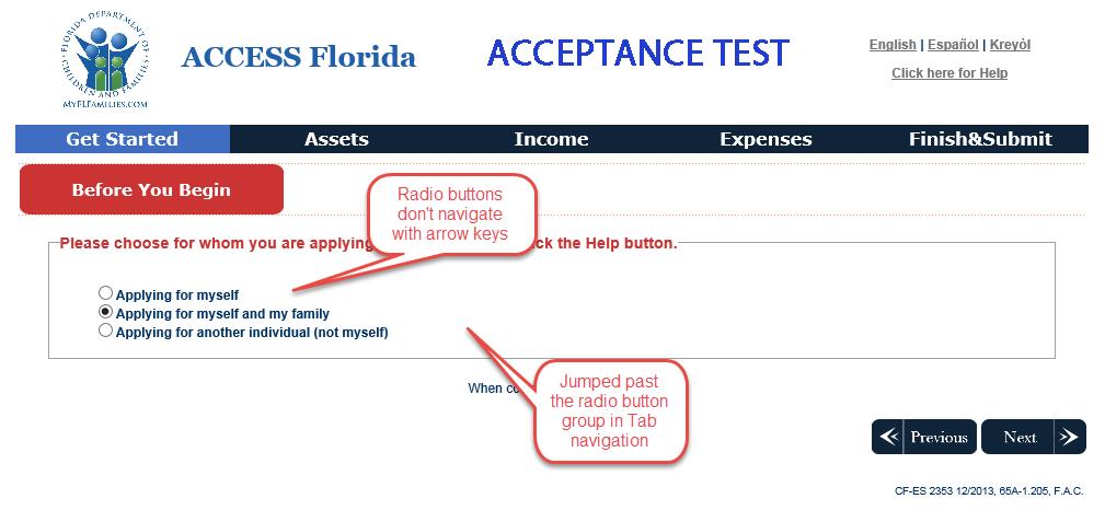 Assistance form 6 - For whom applying scrflcompleteappl Radio buttons don t navigate with arrow keys