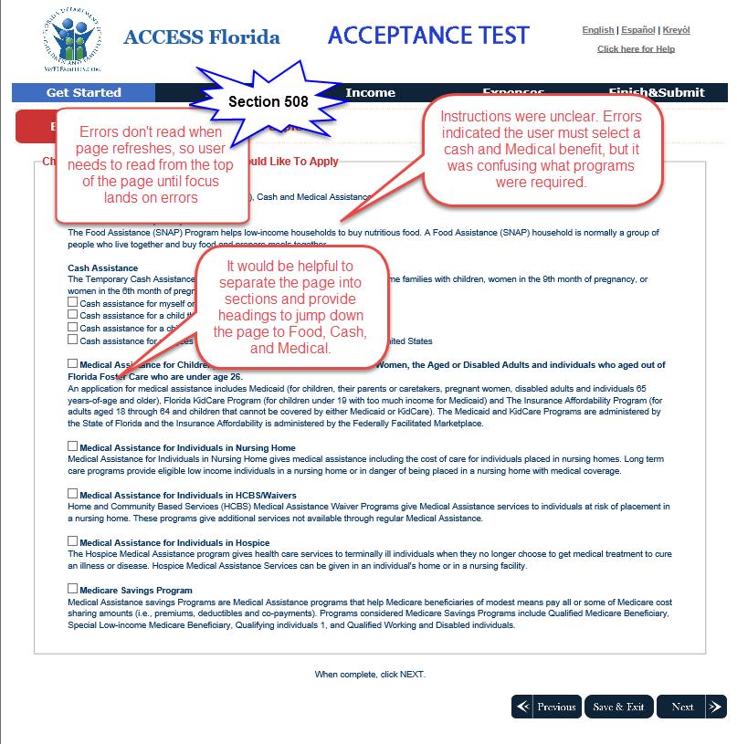 Assistance form 7 - Choose Programs scrflbenefitselections Dividing the page into sections with headers improves navigation for users of assistive technology.