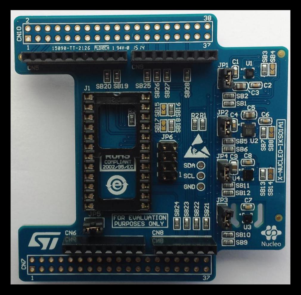 The X-NUCLEO-IKS01A1 interfaces with the STM32 MCU via an I²C pin, and the user can change the default I²C address and the device IRQ by changing one resistor on the evaluation board.