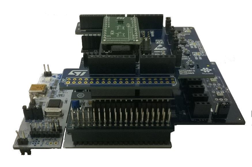 Figure 21: STM32 Nucleo board plus X-NUCLEO-CCA02M1 plus X-NUCLEO-IDB04A1 expansion boards Finally, the X-NUCLEO-IKS01A1 sensors board is easily connected to the