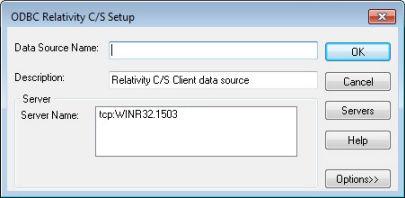 Select Micro Focus Relativity Data Client from the list of drivers, and then click Finish. The ODBC Relativity C/S Setup screen appears. 4.