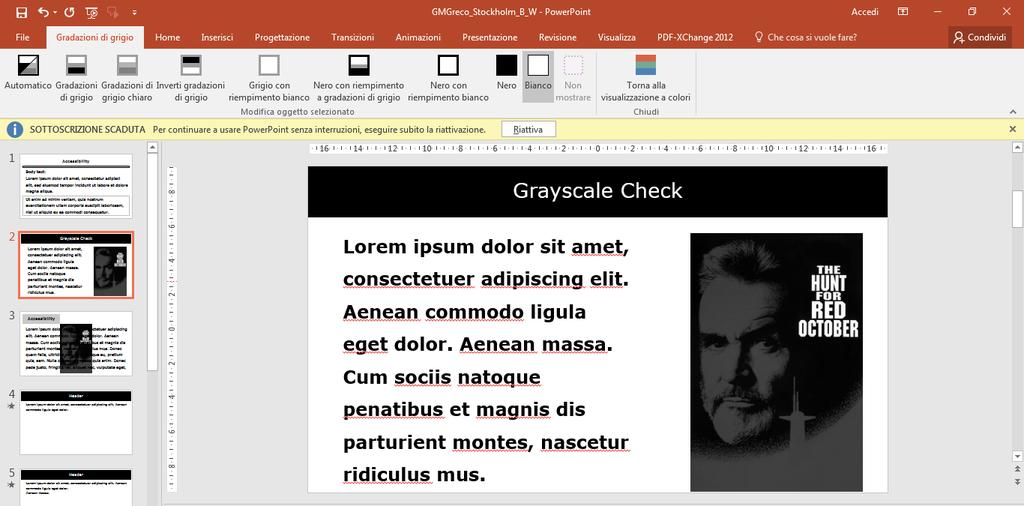 Microsoft PowerPoint: View Tab->Greyscale.