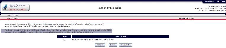Section 6 Figure 8: Assign Protocols Screen. Figure 6: Person Information Screen. To Select the Person s DAERS Role 1.