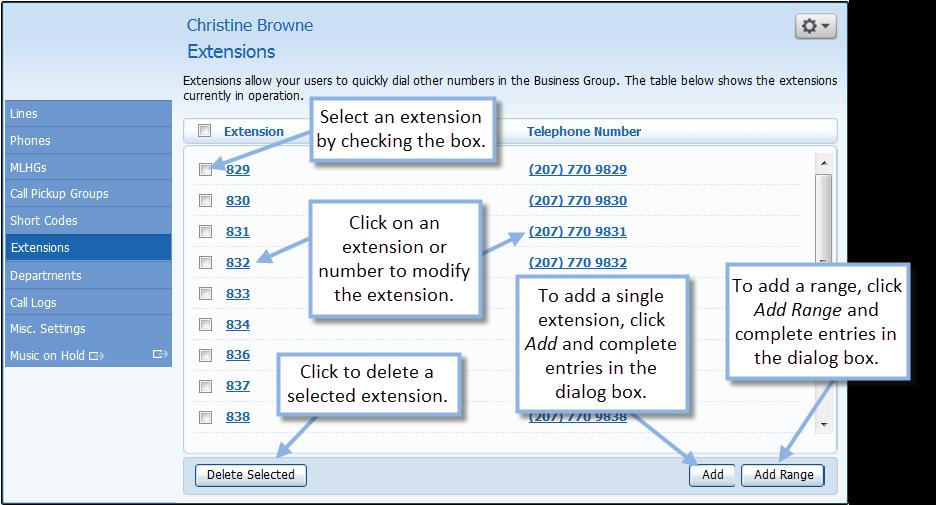 Figure 28 Extensions display To create a new extension, follow these steps: 1. Click Add. 2. Enter the number of the extension to add in the dialog box (Figure 29). 3.