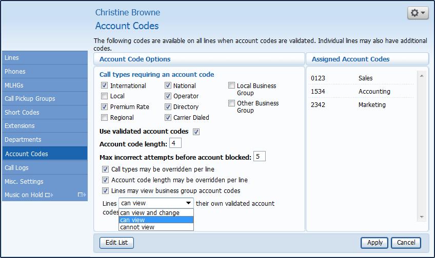 11) Account Codes The Account Codes page displays all of your business's account code settings (Figure 33) for use by lines across your business group.