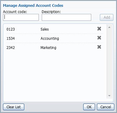 Figure 34 Add or delete account codes You can further define if every line in your business will conform to specified settings for account codes or if settings can vary among lines.