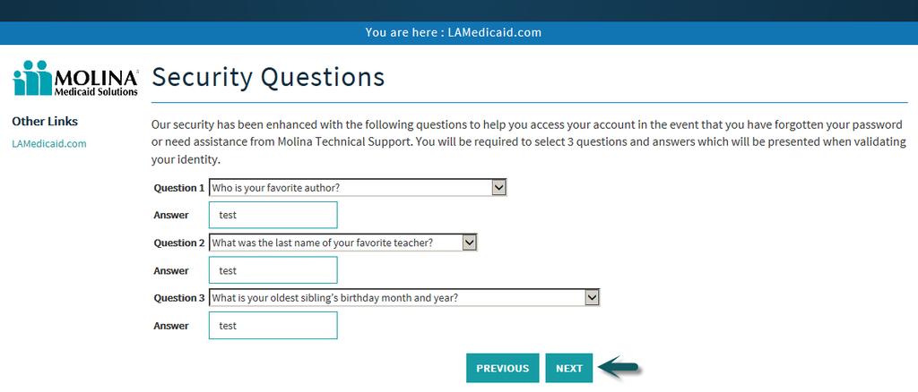 Users are required to complete the Security Questions screen.