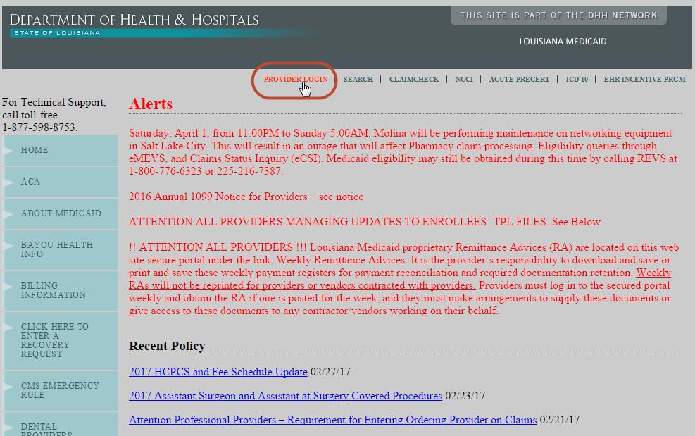 2.0 ACCESSING THE PROVIDER LOGIN SCREEN This section provides information on how to access the Provider Login screen via the Louisiana Medicaid website.
