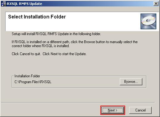 9. The Select Installation Folder screen will be displayed. By default, the Installation Folder is set to C:\Program Files\RXSQL.