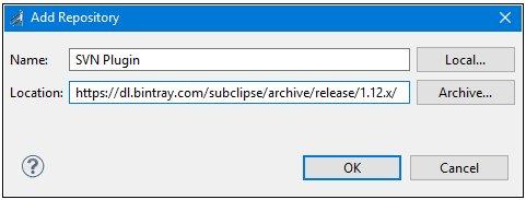 Installing Apache Subversion The Add Repository dialog opens, as shown in the following image. 3. In the Name field, specify a name (for example, SVN Plugin) to identify the plugin. 4.