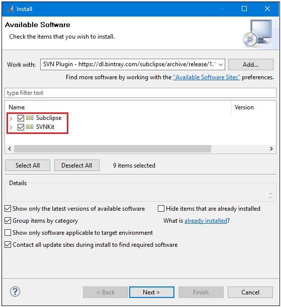 1. Installing and Configuring a Source Management (Version Control) Repository for iway Integration Tools You are returned to the Install dialog (Available Software) pane, as