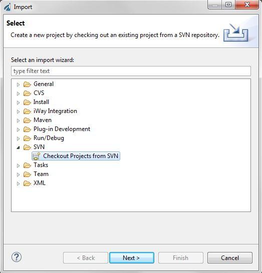 1. Installing and Configuring a Source Management (Version Control) Repository for iway Integration Tools The Import dialog opens showing the Select pane, as shown in