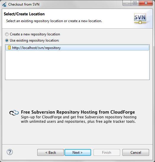 Configuring and Working With Apache Subversion The Checkout from SVN dialog opens showing the Select/Create Location pane, as shown in the following image. 4.