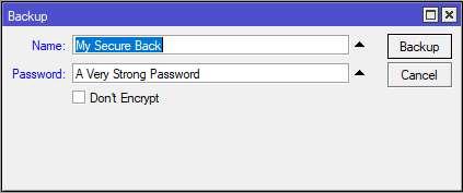 Backup Parameters Encryption - the backup file is encrypted by default, if the current RouterOS user has a password configured, or if the "password" parameter