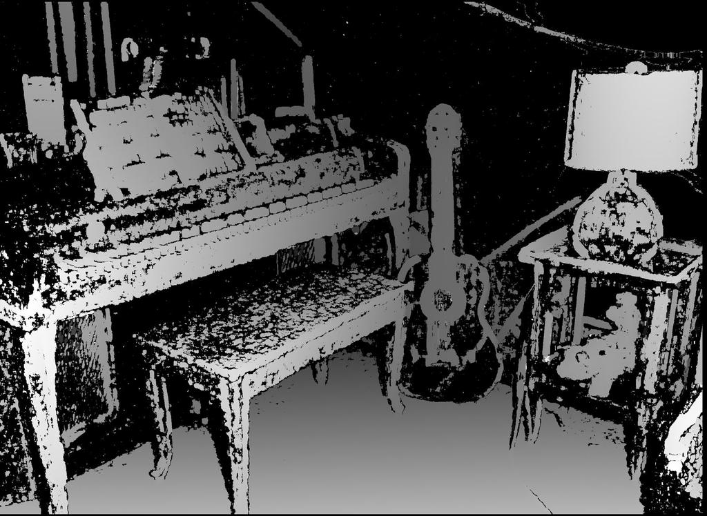 Fig. 4 Stereo images with an indoor piano. /: original stereo images; : disparity map; : depth map The depth map (Fig.