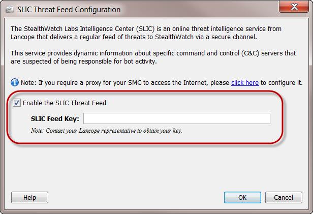 Enabling the SLIC Threat Feed Feature 4. Select the Enable the SLIC Threat Feed checkbox. 5. In the SLIC Feed Key field, type your key. 6. Click OK.