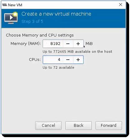 Increase the Memory (RAM) and CPUs to the amount shown in the Virtual Edition (VE) Resource Requirements section. 10. Click Forward. 11.