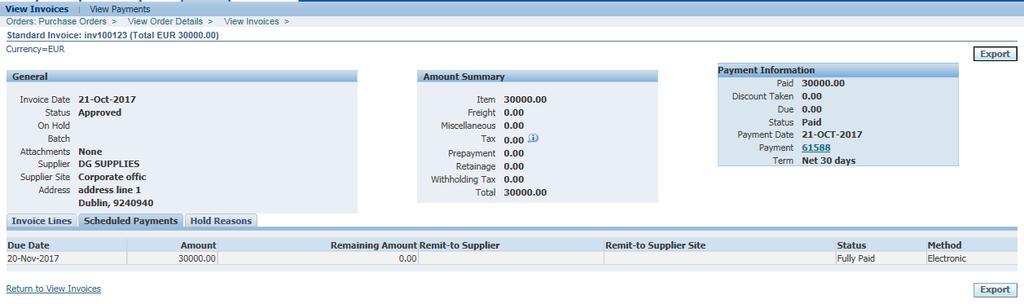 Invoice details you can review invoice lines, scheduled payments or